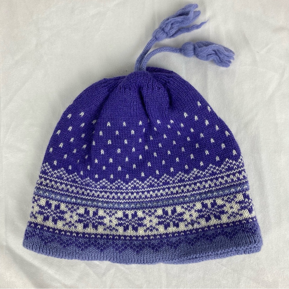 Lands' End Wool Purple Snowflake Fair Isle Knit Beanie w/ Fleece Liner & Tassels